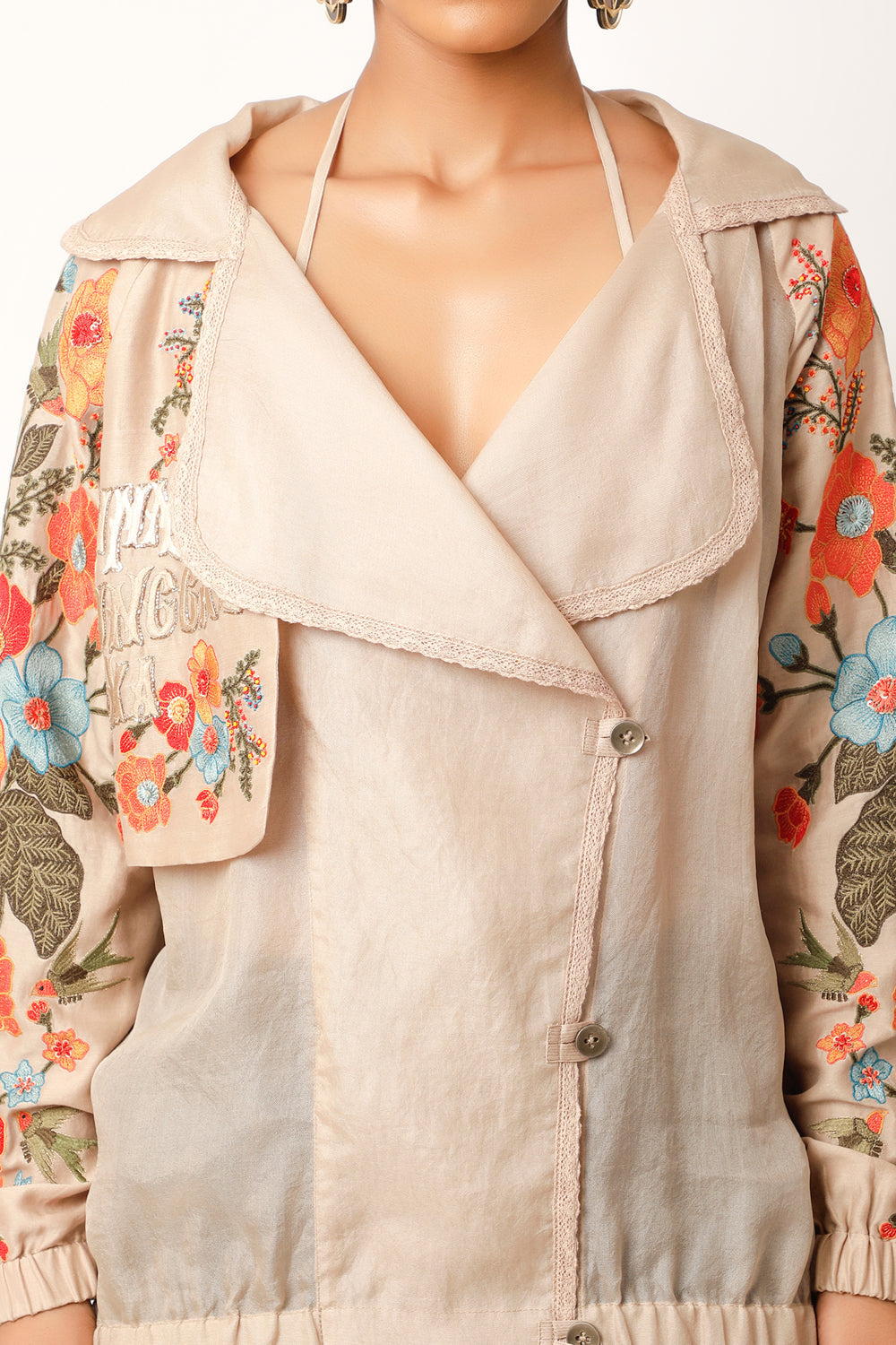 Foliage Embroidered Trench Bomber Jacket - Auraya Fashion 