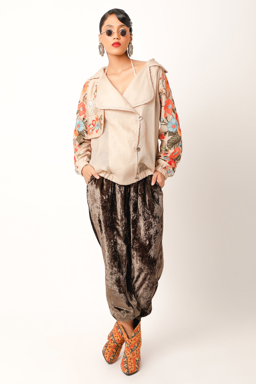 Foliage Embroidered Trench Bomber Jacket - Auraya Fashion 