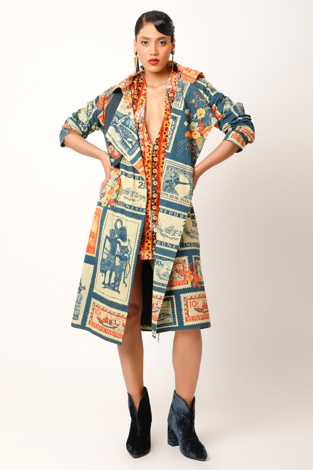 Postage Stamp Printed Trench - Auraya Fashion - Jajaabor - 