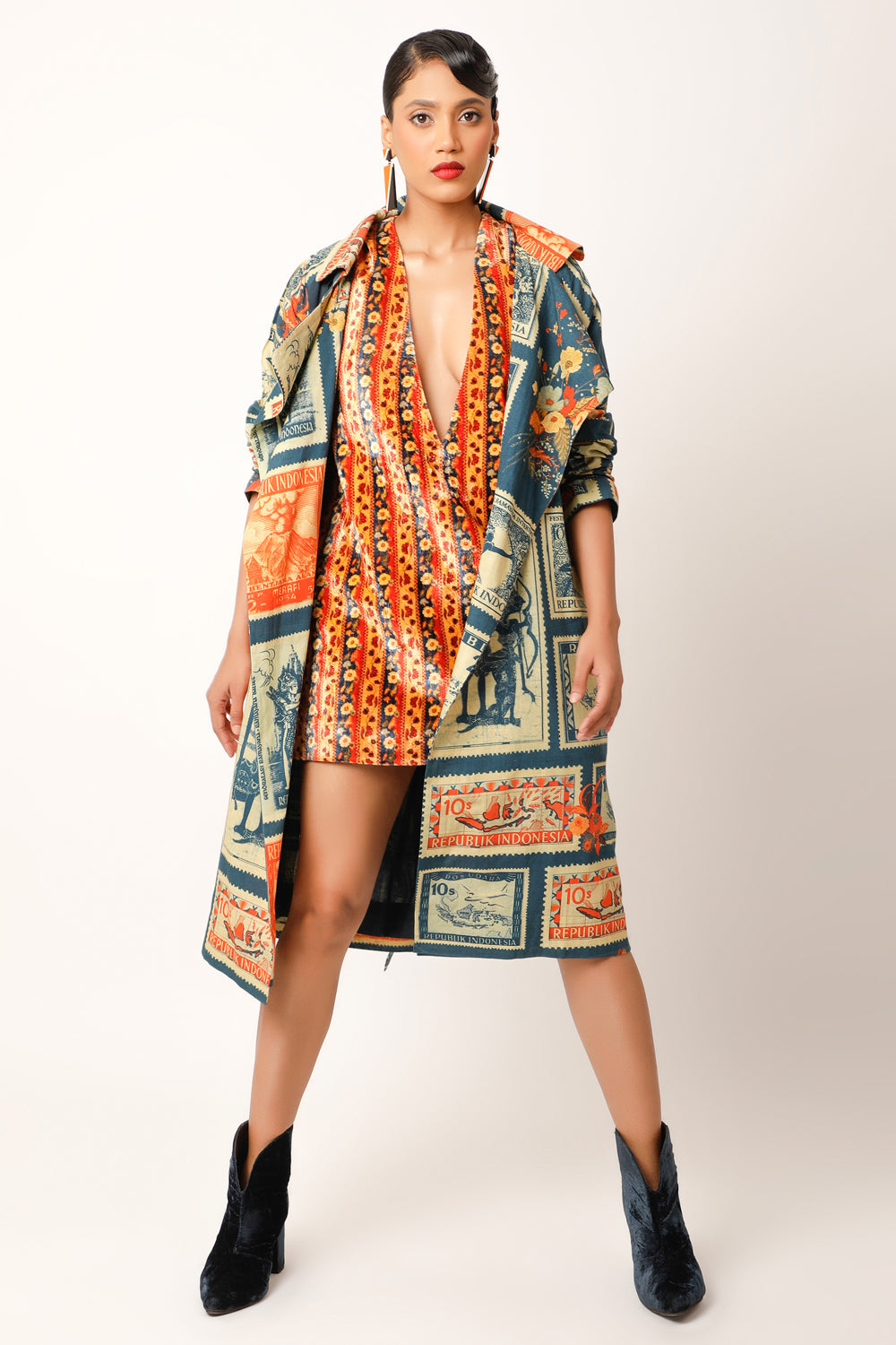 Postage Stamp Printed Trench - Auraya Fashion 