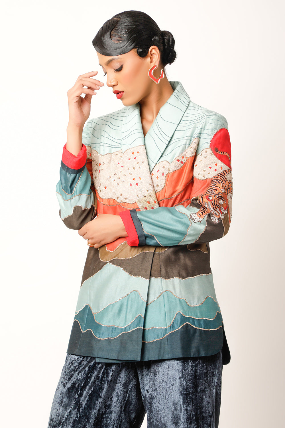 Landscape Textured Jacket With Velvet Joggers - Auraya Fashion 