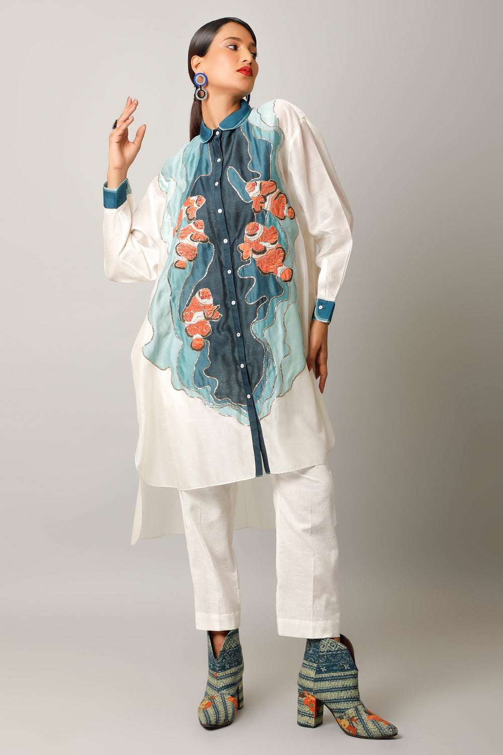 Anti Fit Shirt With Fish Embroidery And Pants - Auraya Fashion 