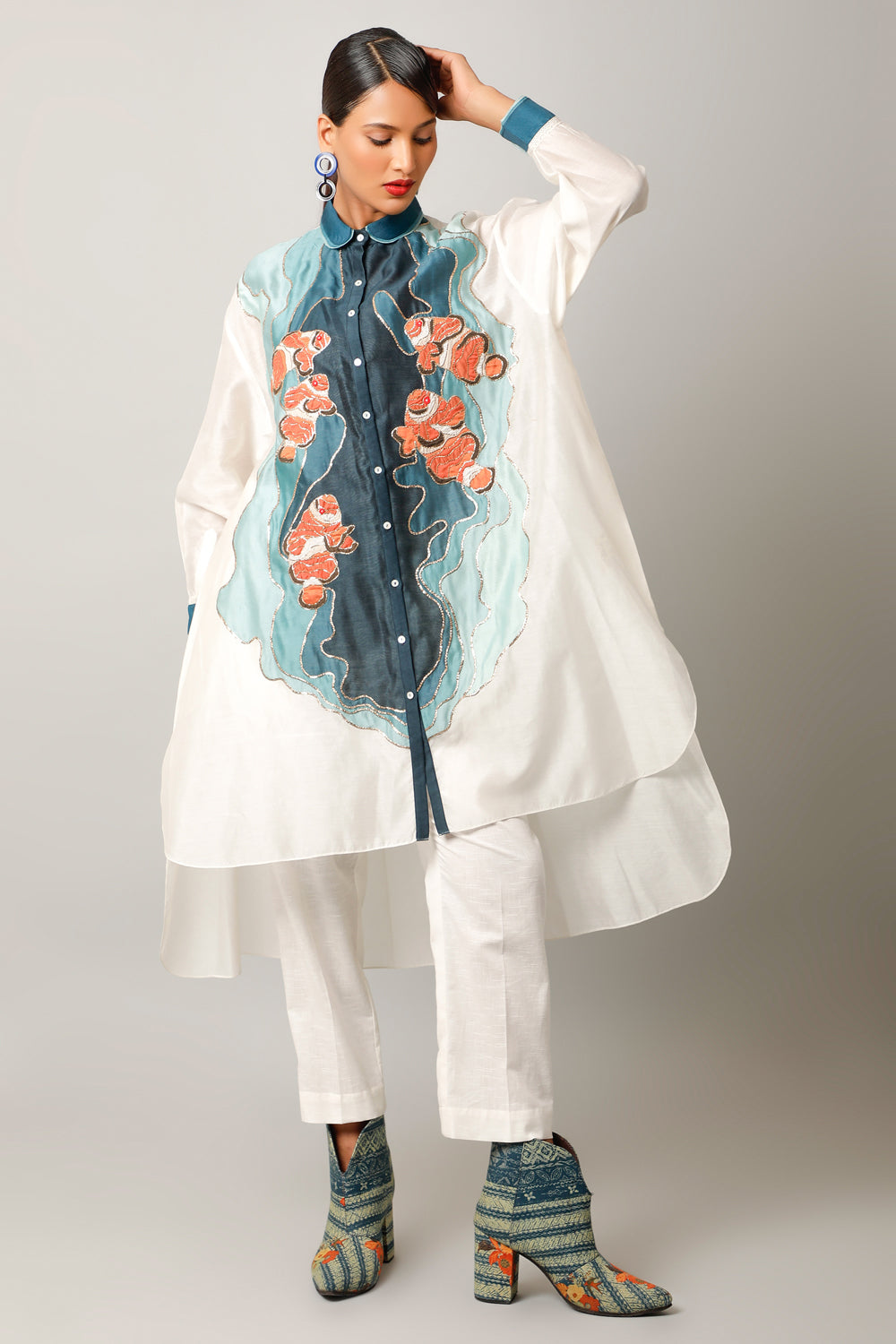 Anti Fit Shirt With Fish Embroidery And Pants - Auraya Fashion 