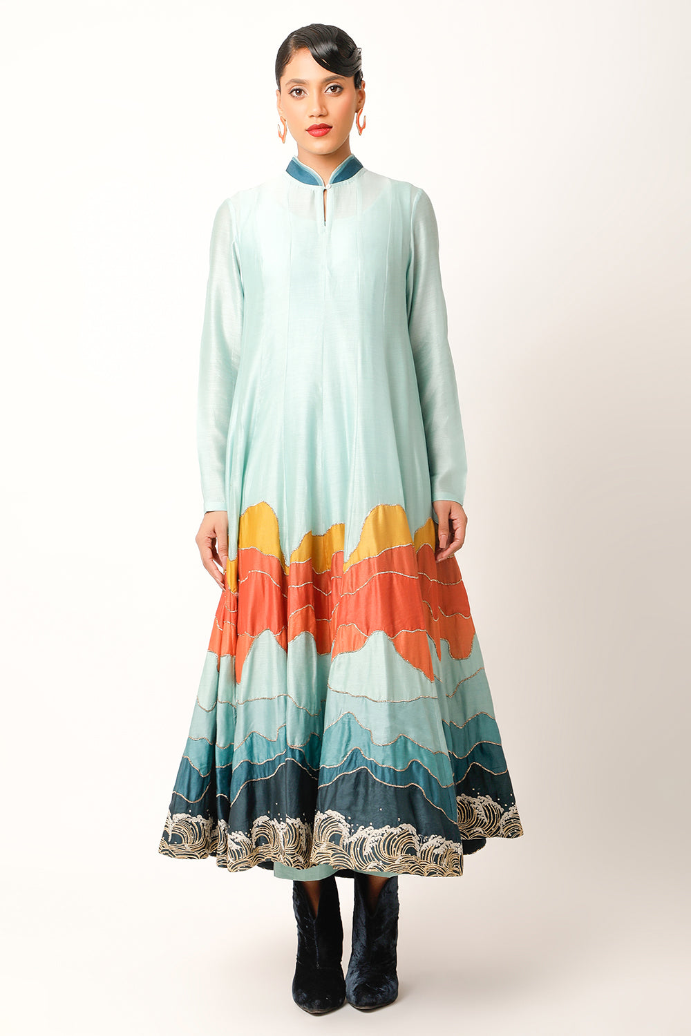 Landscape Embroidered Zippered Kalidar With Pants - Auraya Fashion 