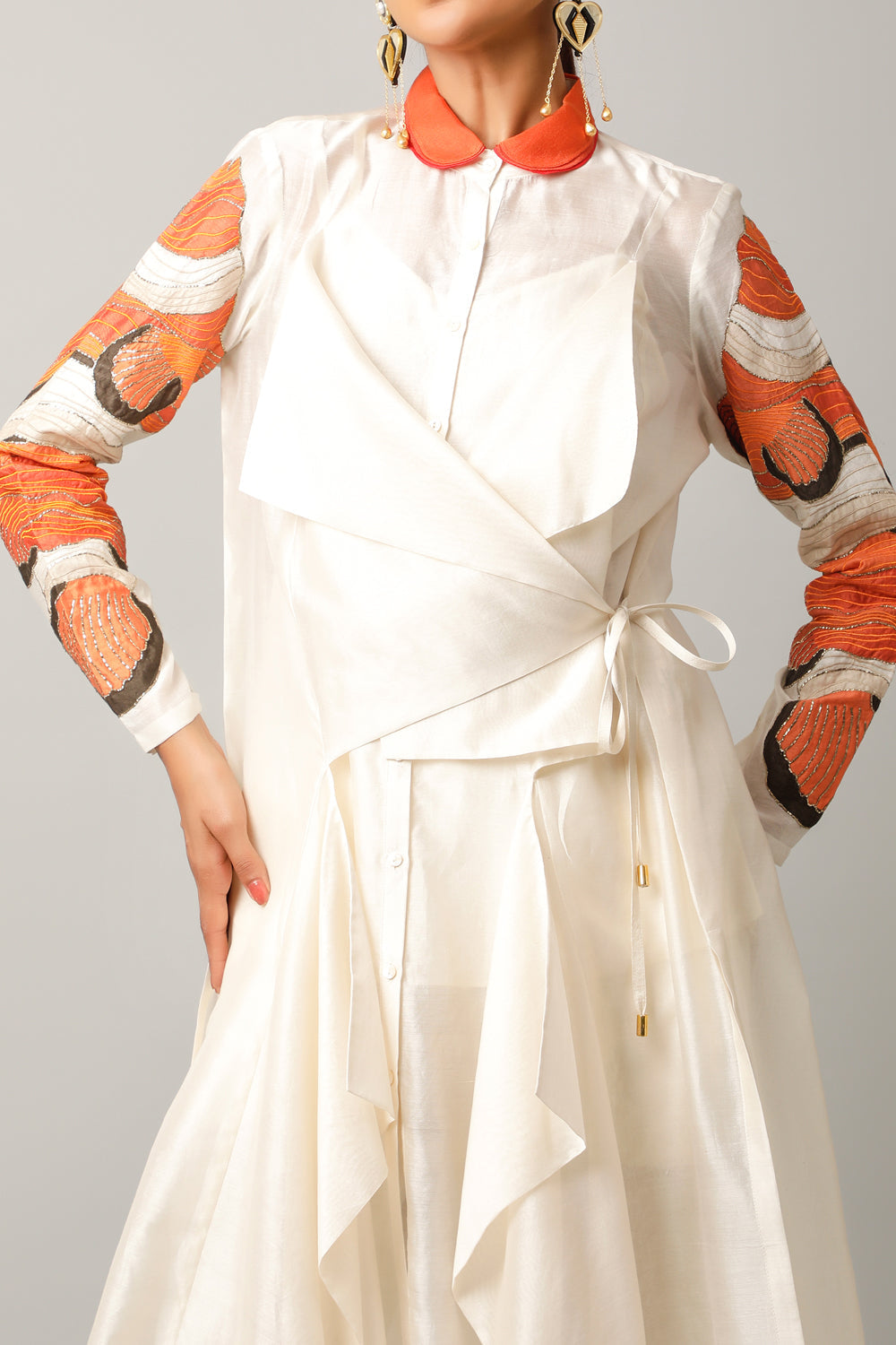 Draped Shirt With Fish Detail On The Sleeves + Inner Slip + Pants - Auraya Fashion 