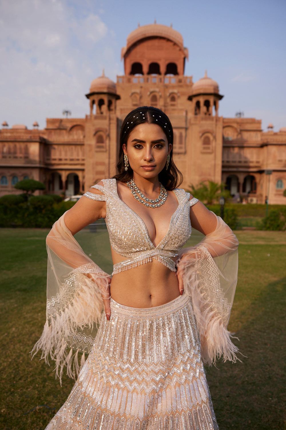 "Armina" Silver Sequin And Crystal Beads Hand Embroidered Lehenga Set With Cape