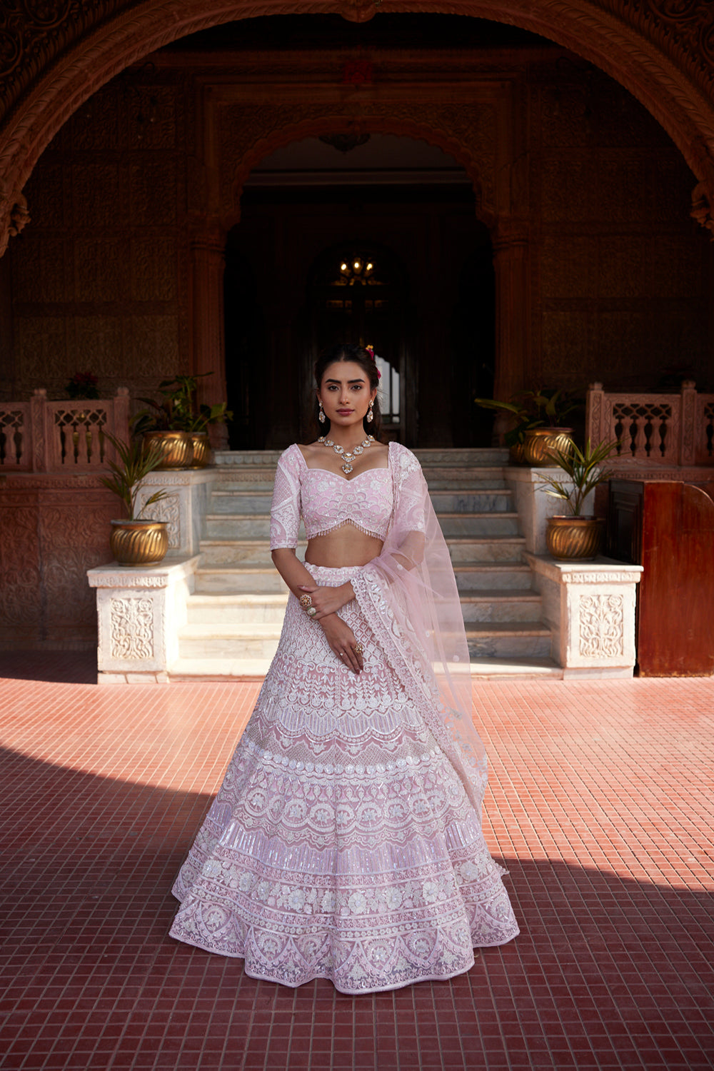 "Arya" Blush Pink And Ivory Resham Kashmiri Embroidered Lehenga Set