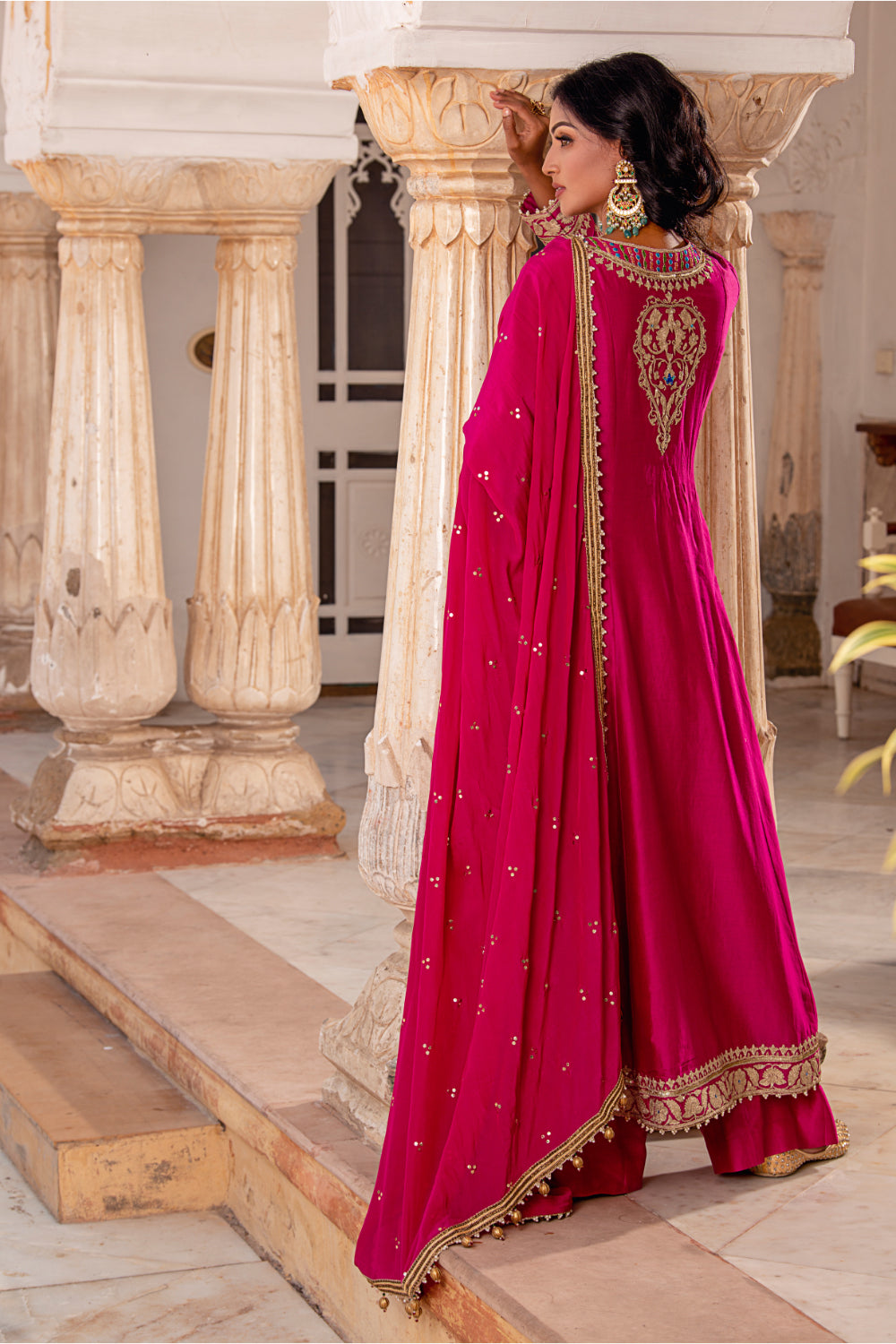 Fuschia Pink Chanderi Silk A-Line Suit - Auraya Fashion 