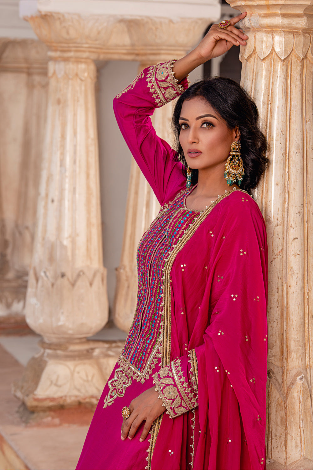 Fuschia Pink Chanderi Silk A-Line Suit - Auraya Fashion 