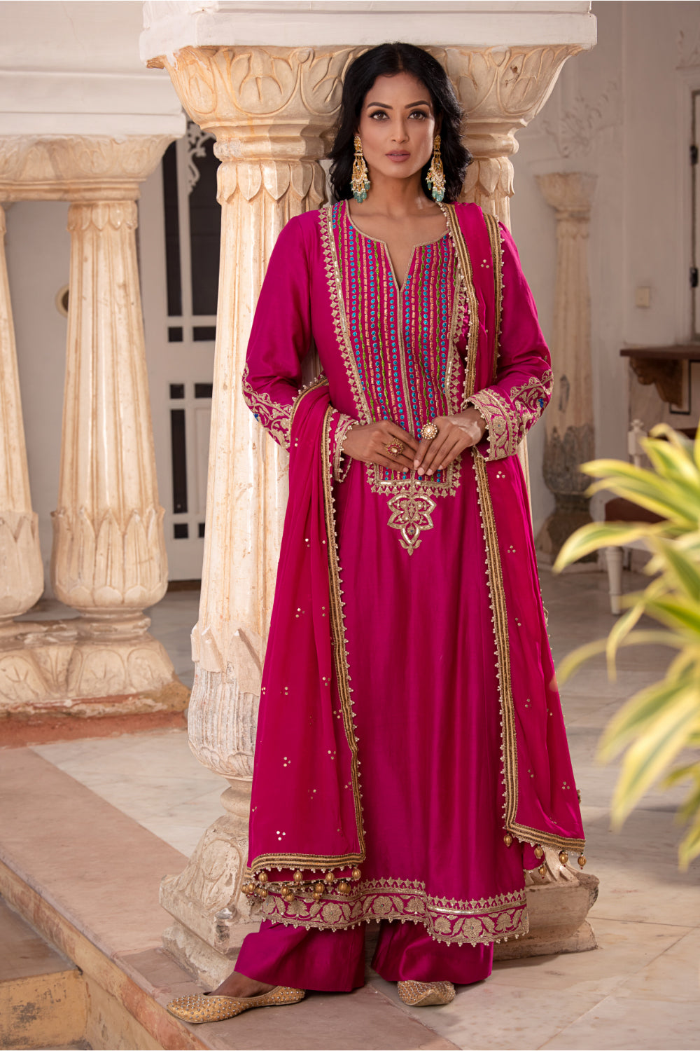 Fuschia Pink Chanderi Silk A-Line Suit - Auraya Fashion - Guldavari - 