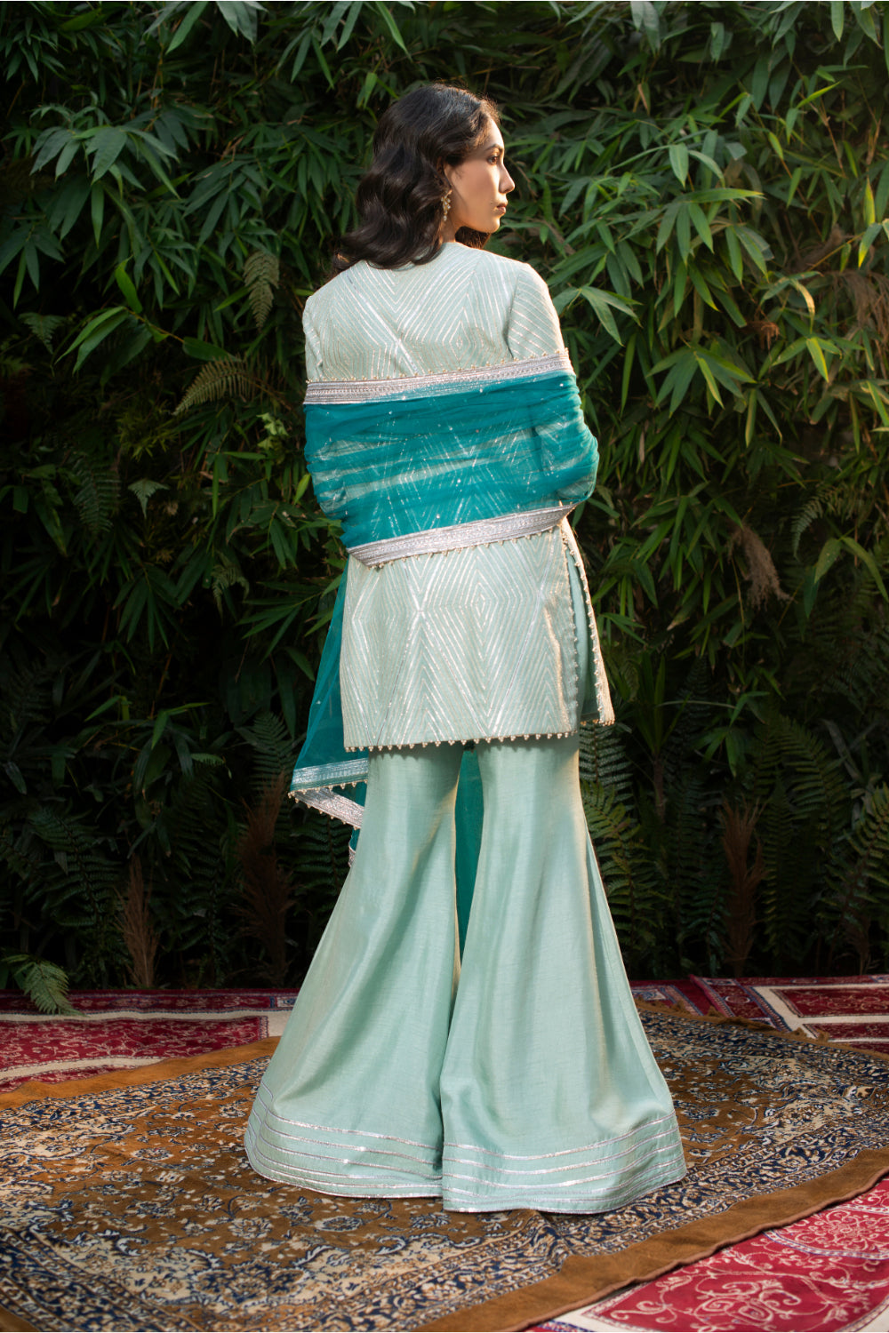 Ice Blue Raw Silk Kurti With Culottes Pants And Dupatta - Auraya Fashion 