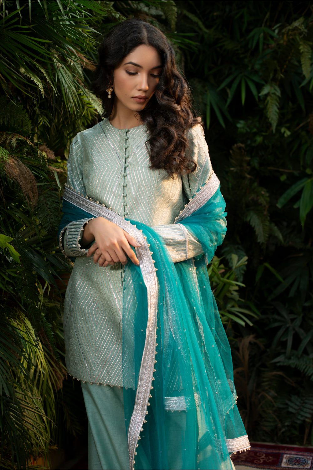 Ice Blue Raw Silk Kurti With Culottes Pants And Dupatta - Auraya Fashion 