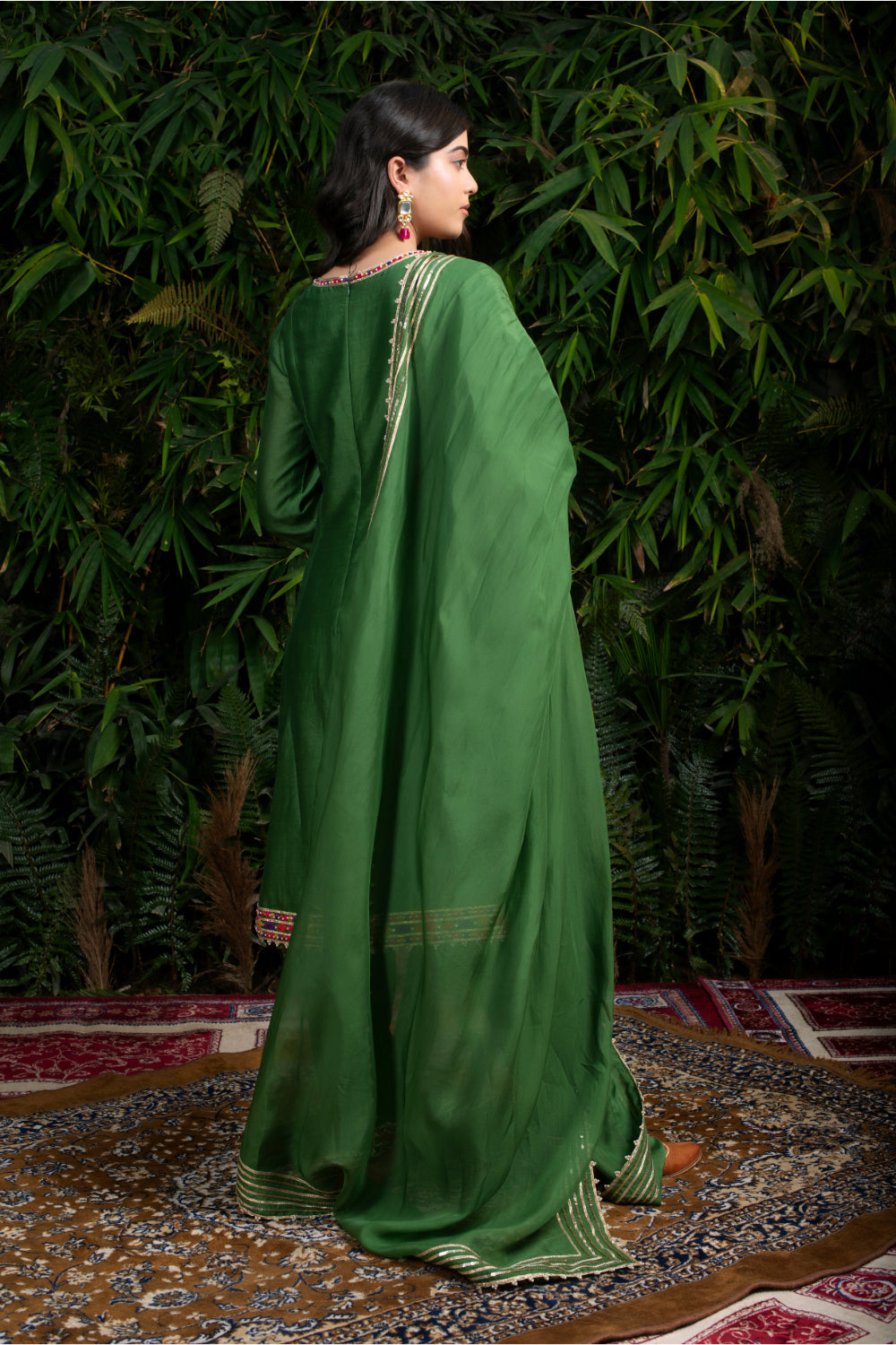 Forest Green Chanderi Silk A-Line Suit - Auraya Fashion 