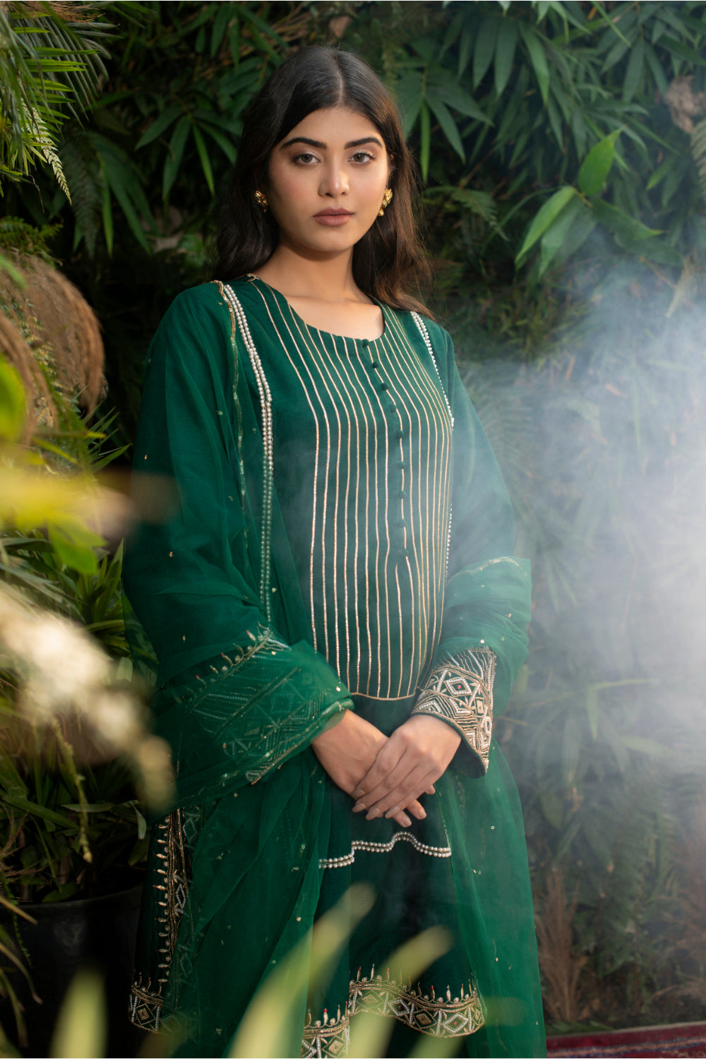 Emerald Green Chanderi Silk A-Line Suit - Auraya Fashion 