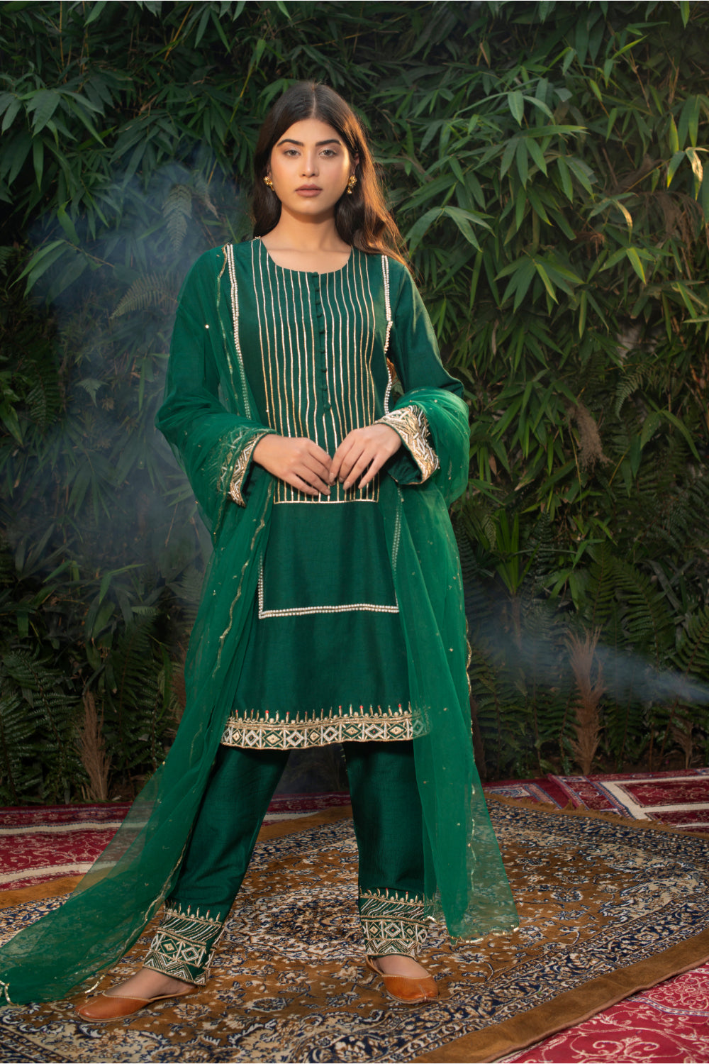 Emerald Green Chanderi Silk A-Line Suit - Auraya Fashion - Guldavari - 