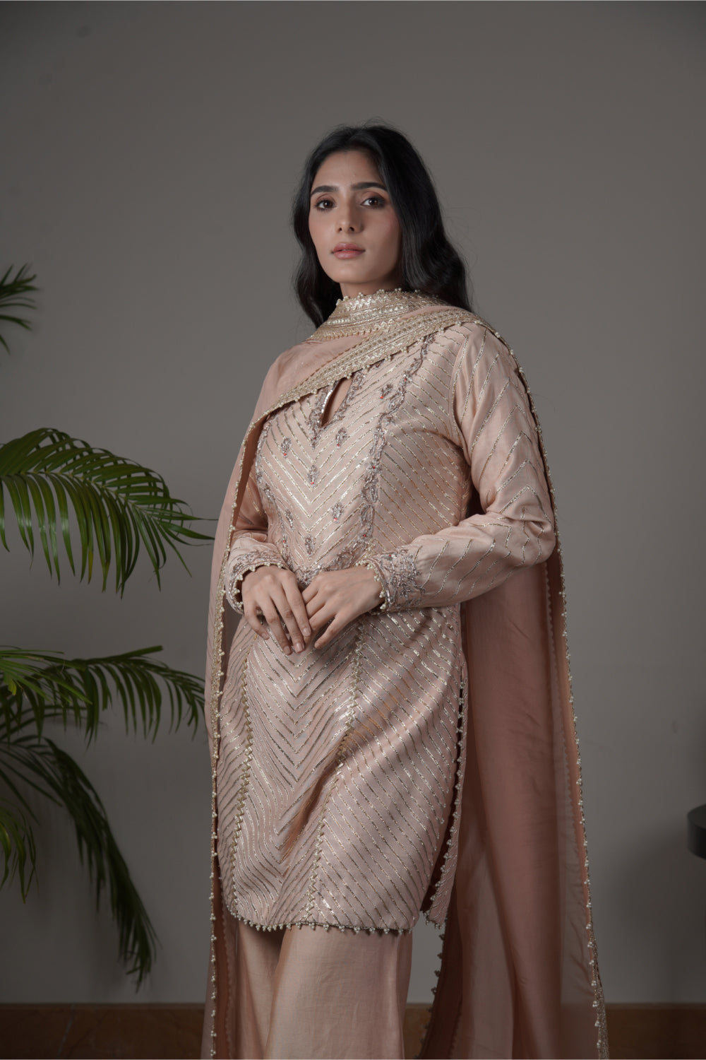 Peach Chanderi Silk Kurti Paired With Culottes Pants And  Dupatta - Auraya Fashion 