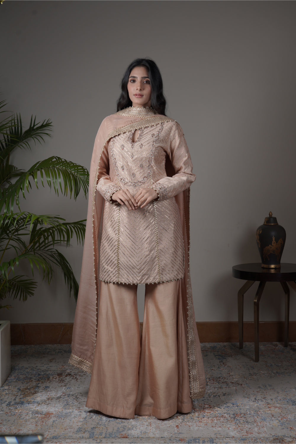 Peach Chanderi Silk Kurti Paired With Culottes Pants And  Dupatta - Auraya Fashion - Guldavari - 