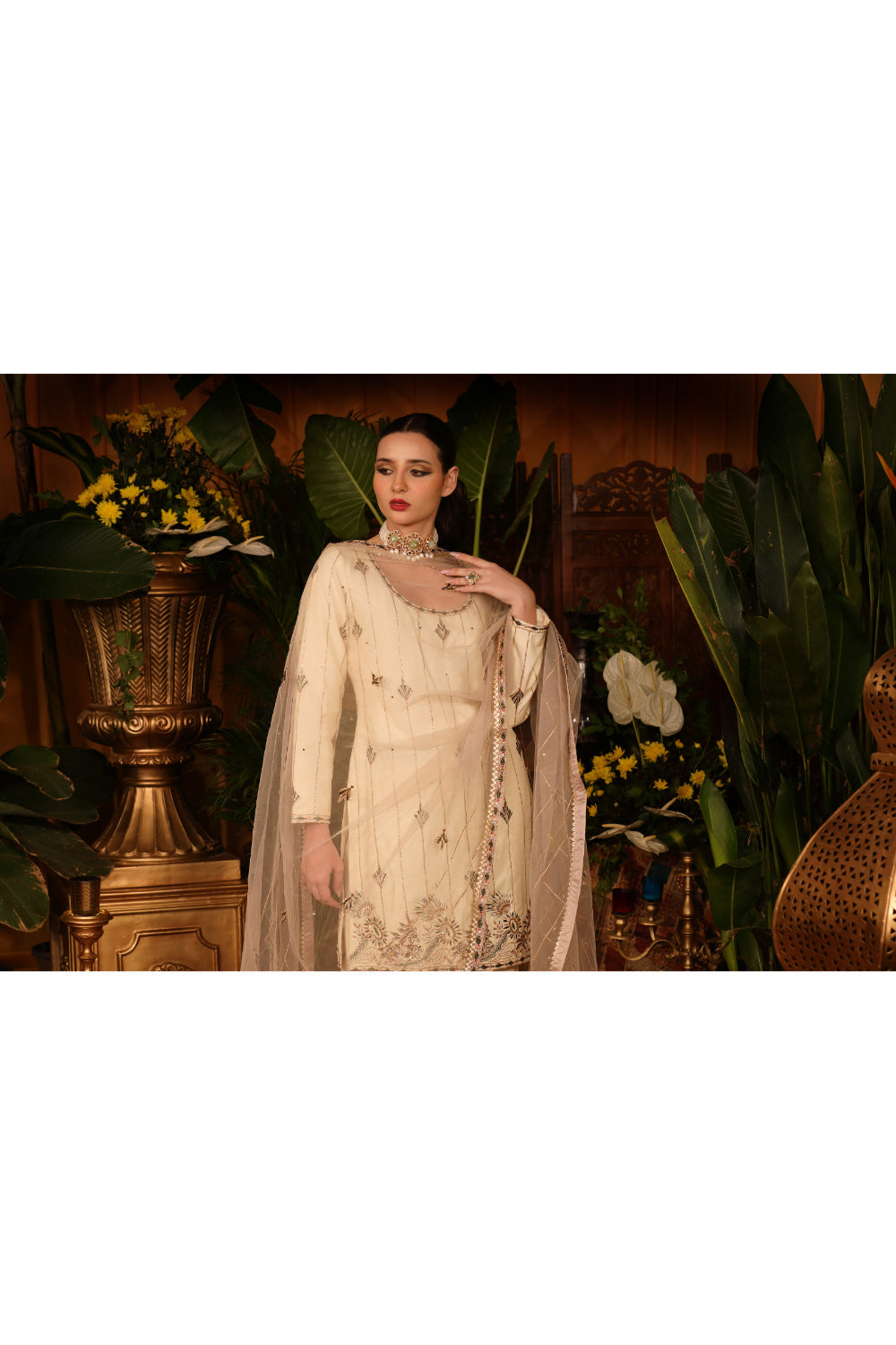 Ivory Raw Silk Kurti  Paired With Culottes Pants And Dusty Pink  Dupatta - Auraya Fashion 