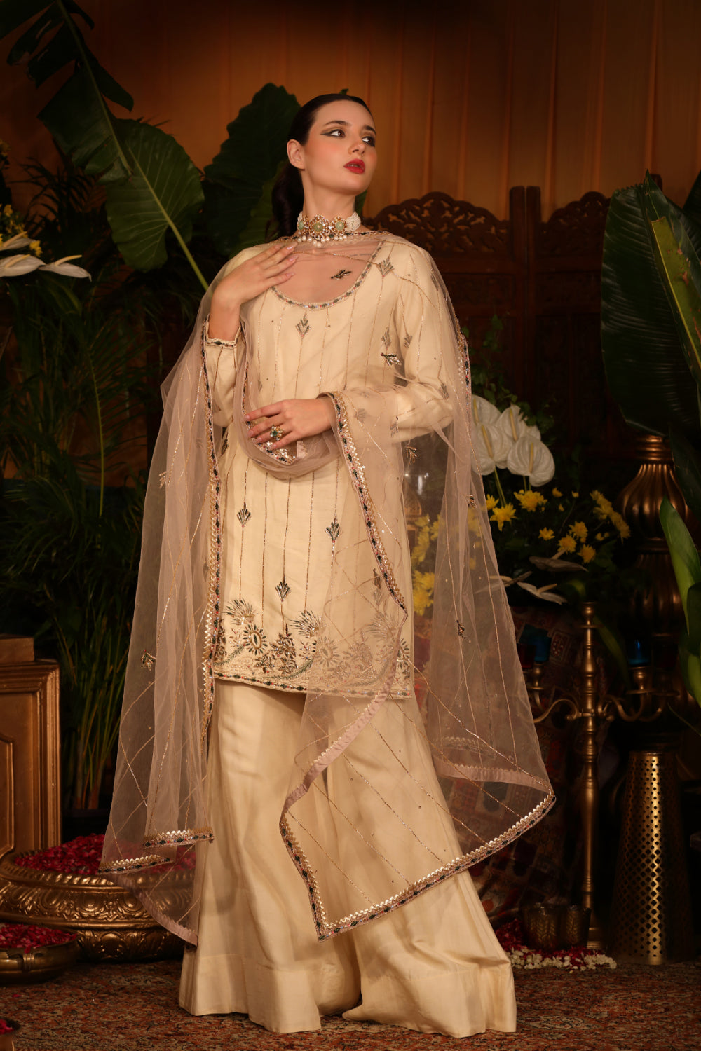 Ivory Raw Silk Kurti  Paired With Culottes Pants And Dusty Pink  Dupatta - Auraya Fashion - Guldavari - 