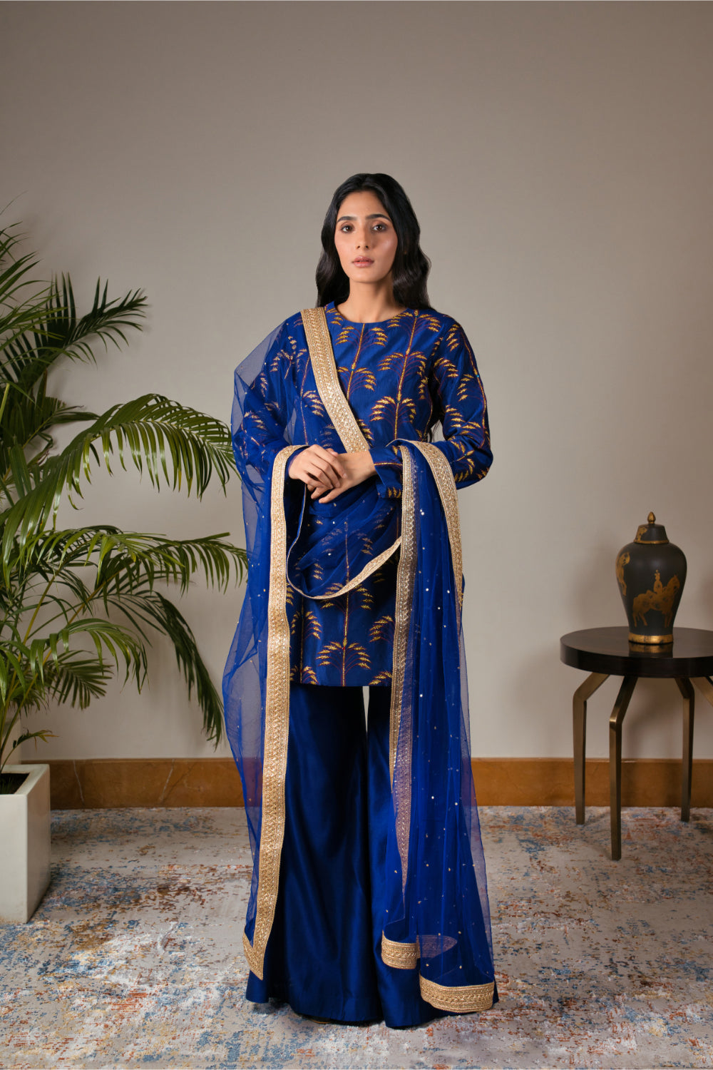 Royal Blue Chanderi Silk Kurti  Paired With Culottes Pants And   Dupatta - Auraya Fashion - Guldavari - 