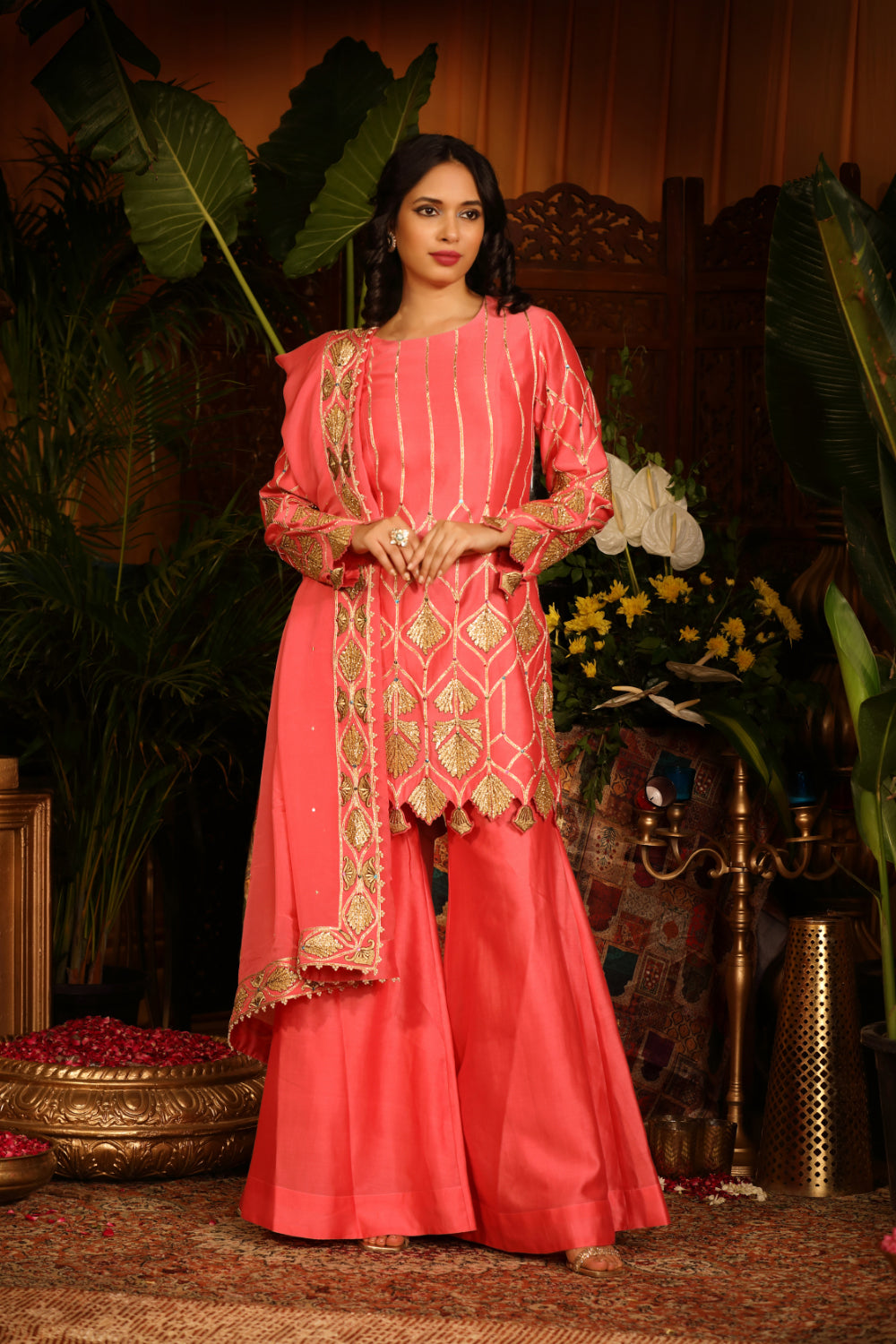 Coral Pink Kurti Paired With Culottes Pants And  Dupatta - Auraya Fashion - Guldavari - 