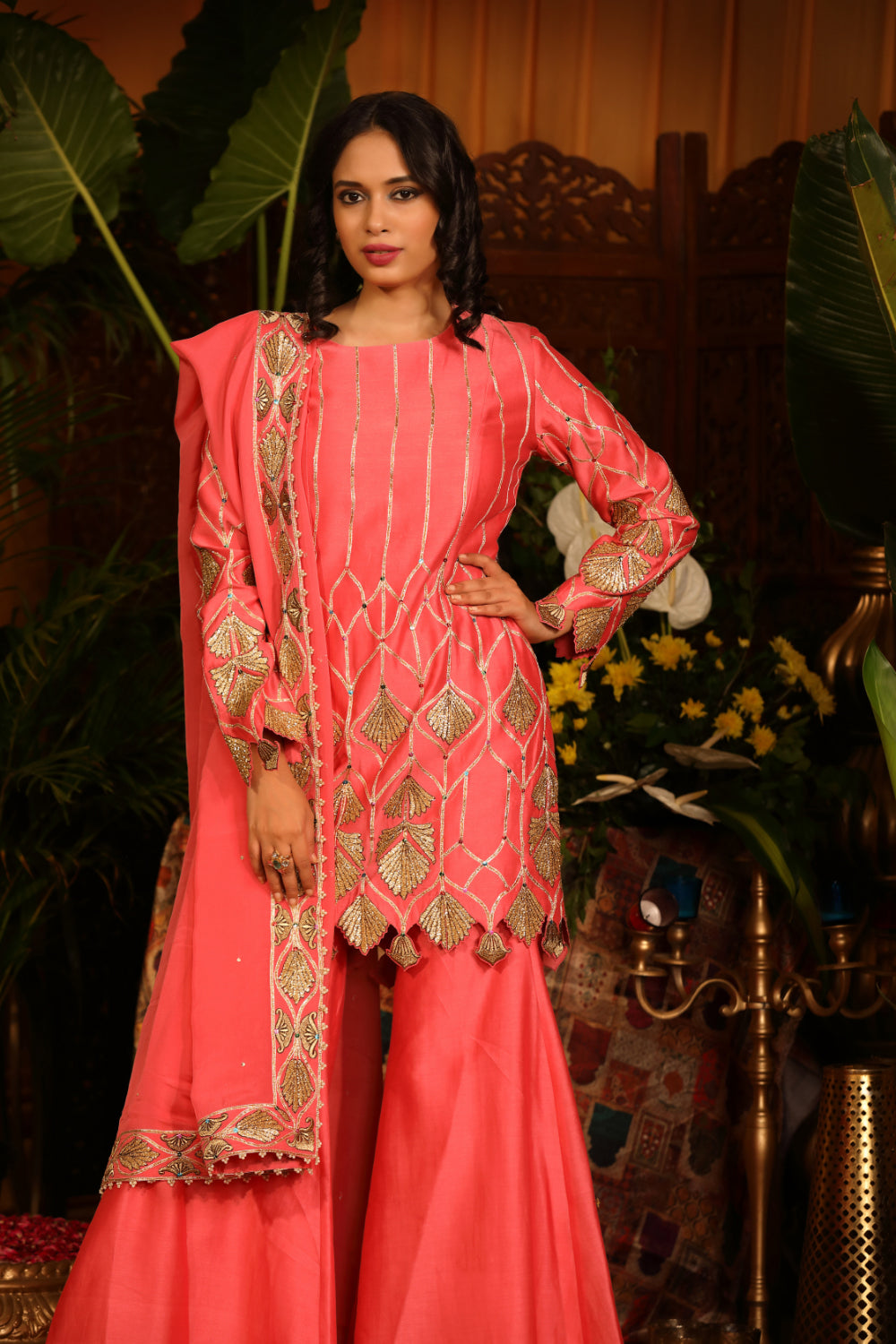 Coral Pink Kurti Paired With Culottes Pants And  Dupatta - Auraya Fashion 