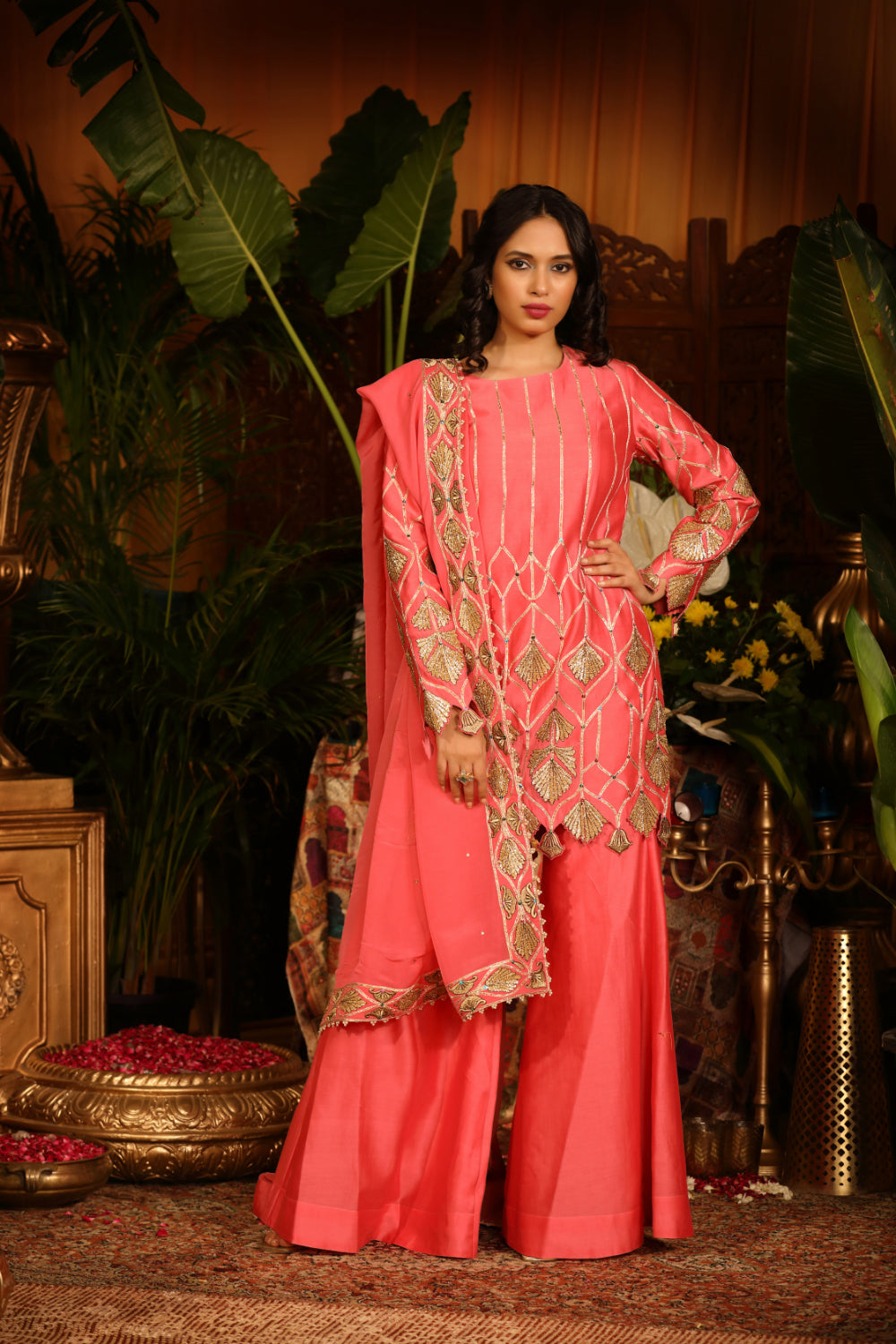 Coral Pink Kurti Paired With Culottes Pants And  Dupatta - Auraya Fashion 