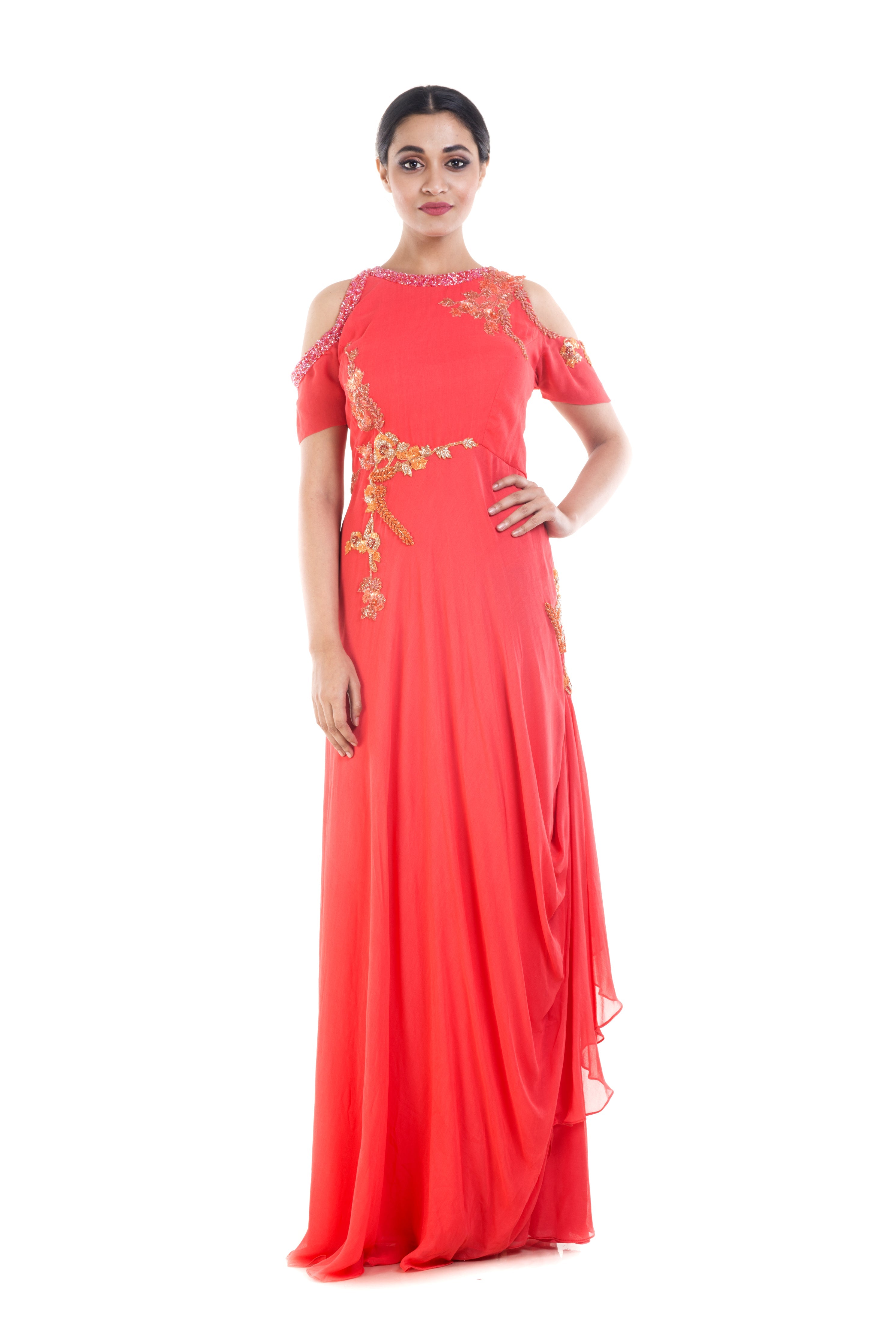 Bright Peach Cold Shoulder Gown