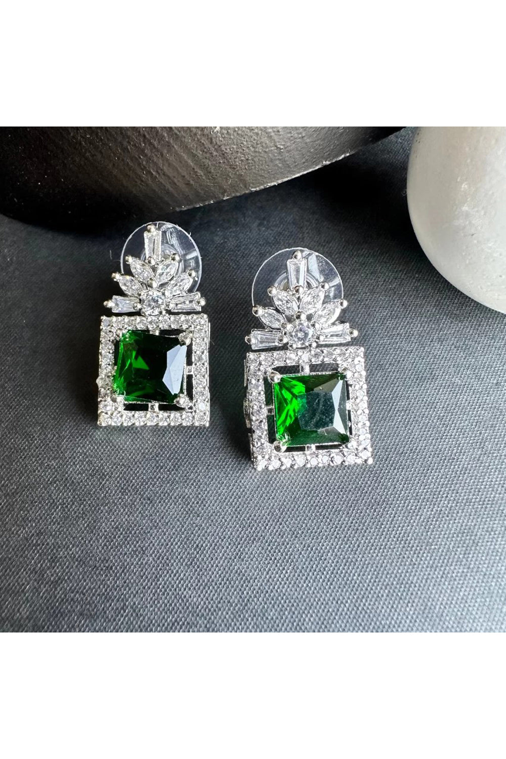 Box Style Emerald Stoned American Diamond Stud Earrings - Auraya Fashion - Putstyle - #tag1# - #tag2# - #tag3# - #tag3#