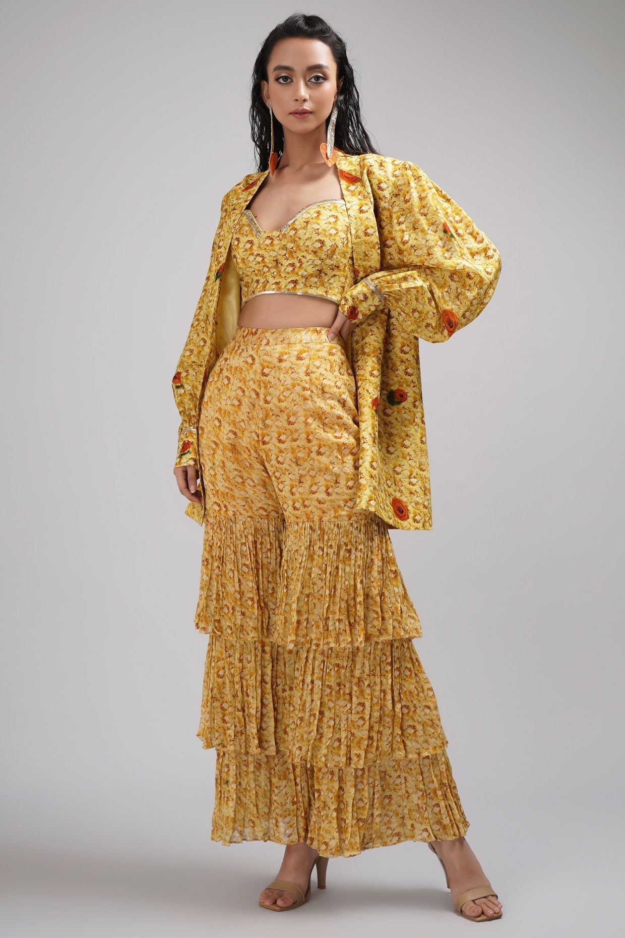 Sweetheart Neck Bustier Blouse Light Sharara Set Paired With A Stylised Jacket.