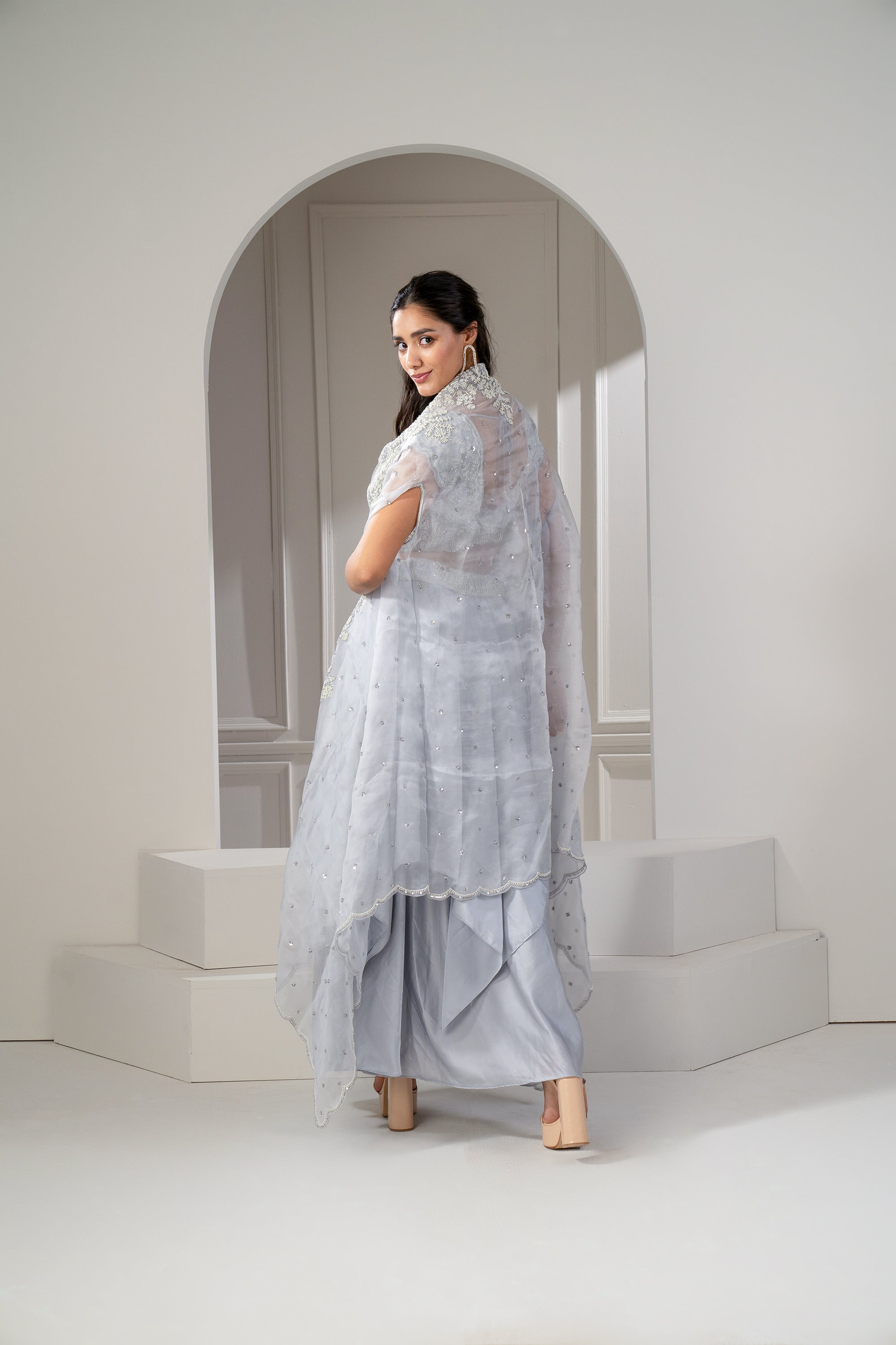 Metallic Silver Organza Silk Heavily Embroidered Indo Western Set