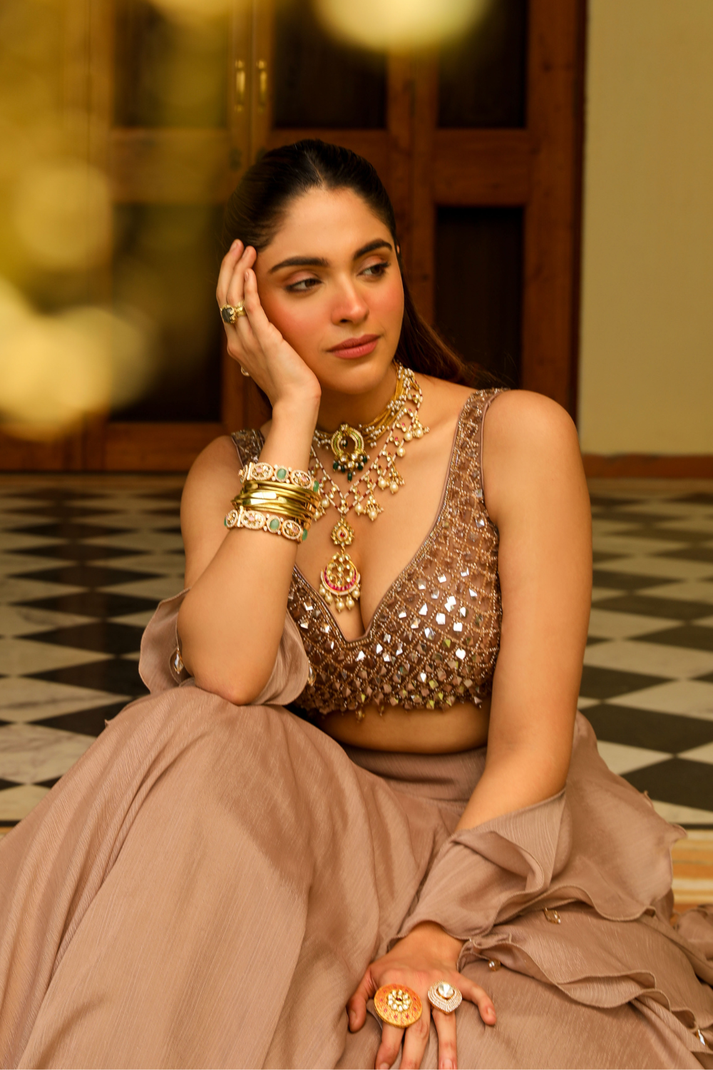 Saanvi Skin Crystal Embroidered Lehenga with Structured Organza Frill