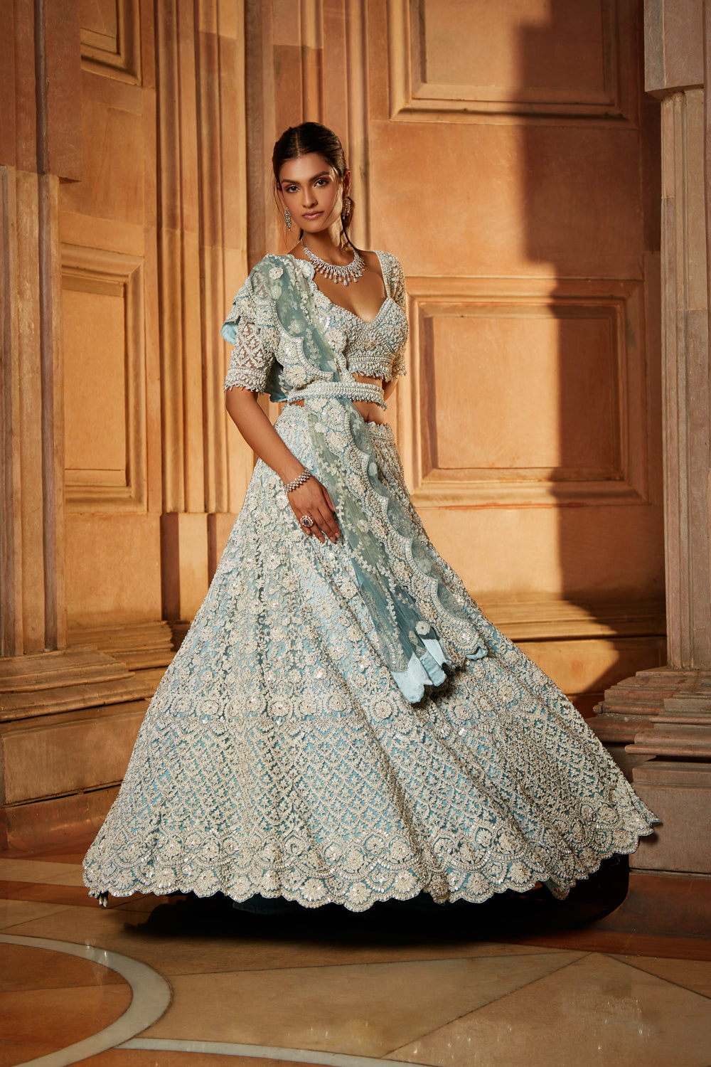 Aqua Ombre Tulle Lehenga with Crystal Embroidery & Dori Work