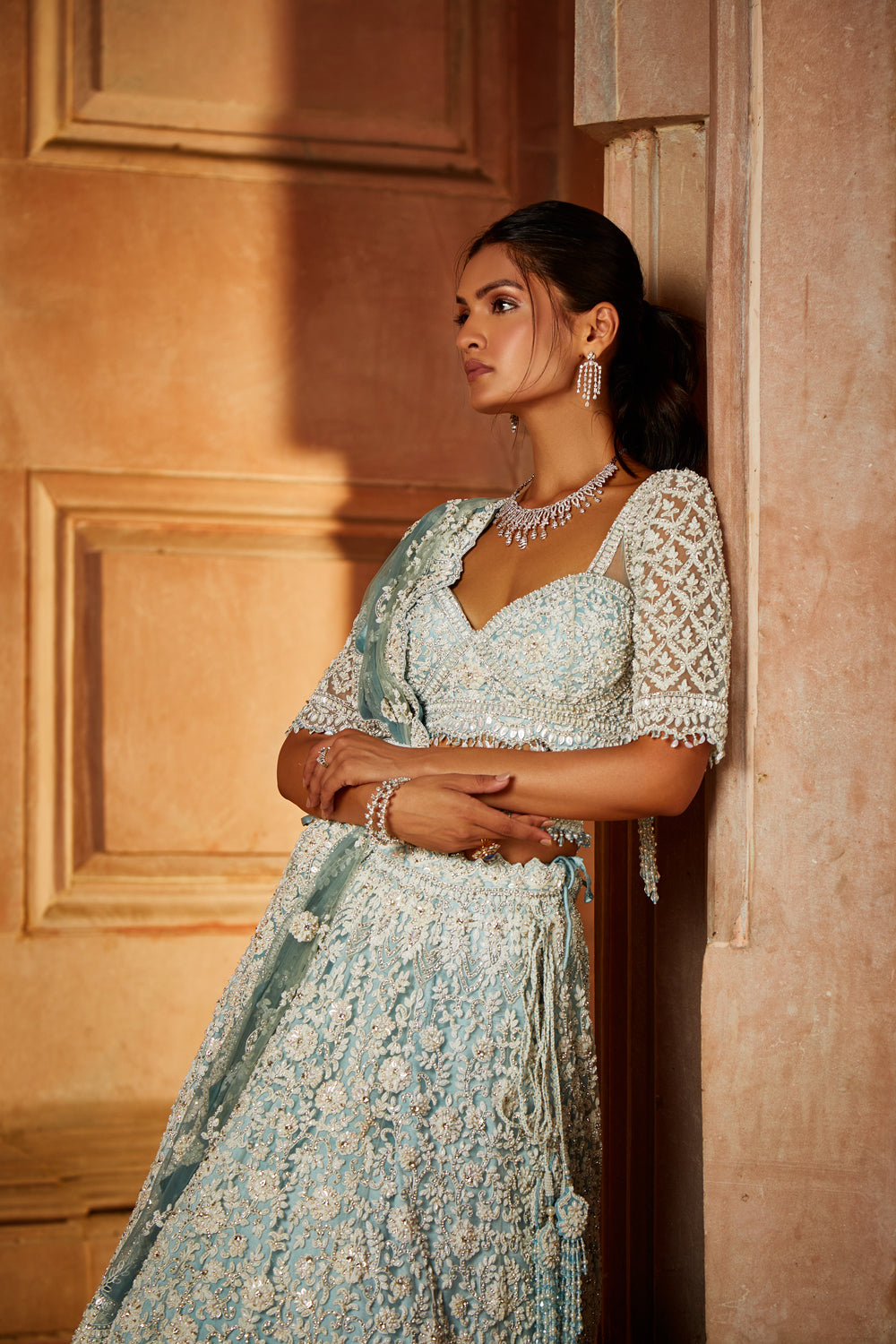 Aqua Ombre Tulle Lehenga with Crystal Embroidery & Dori Work