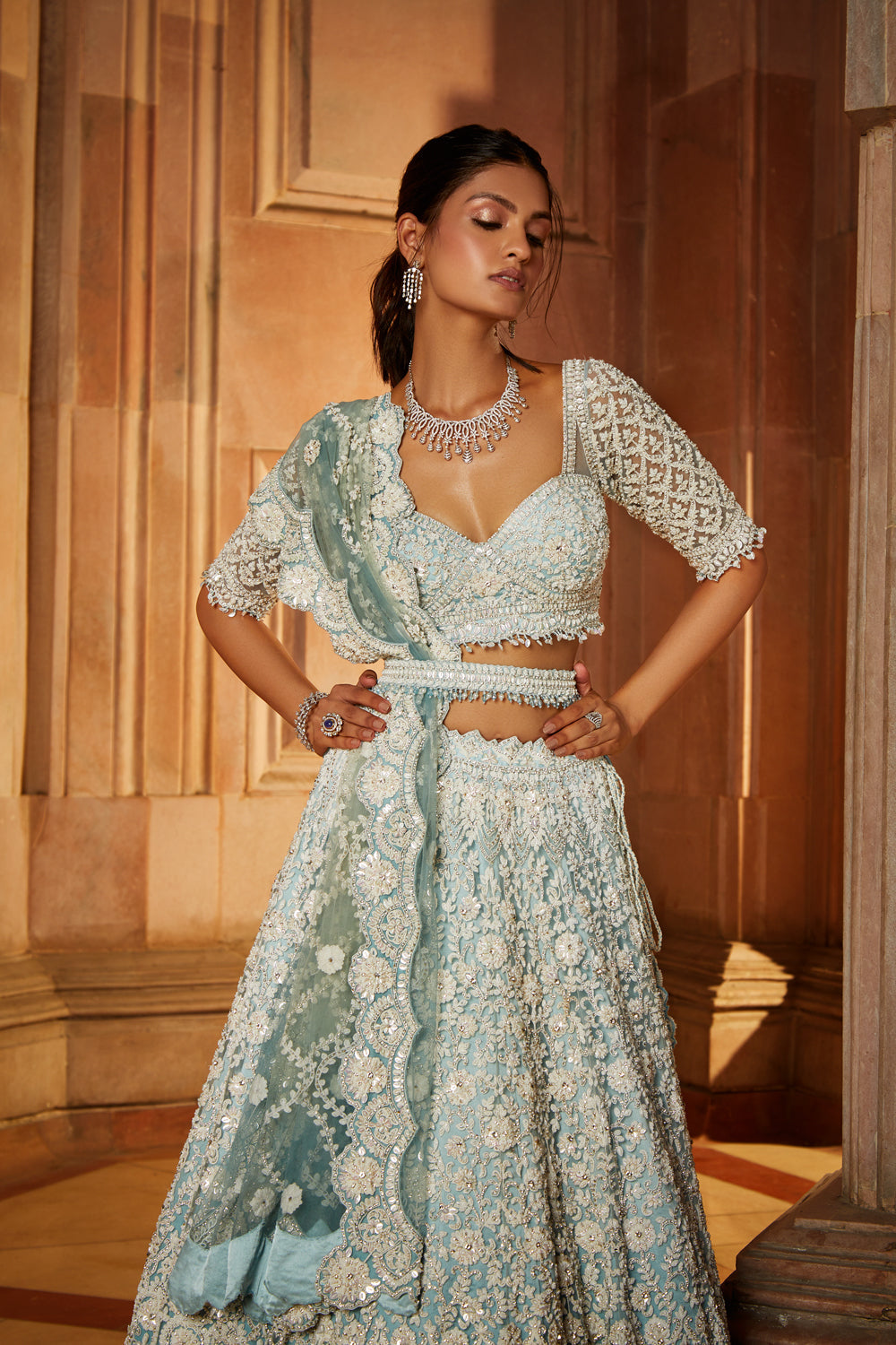 Aqua Ombre Tulle Lehenga with Crystal Embroidery & Dori Work