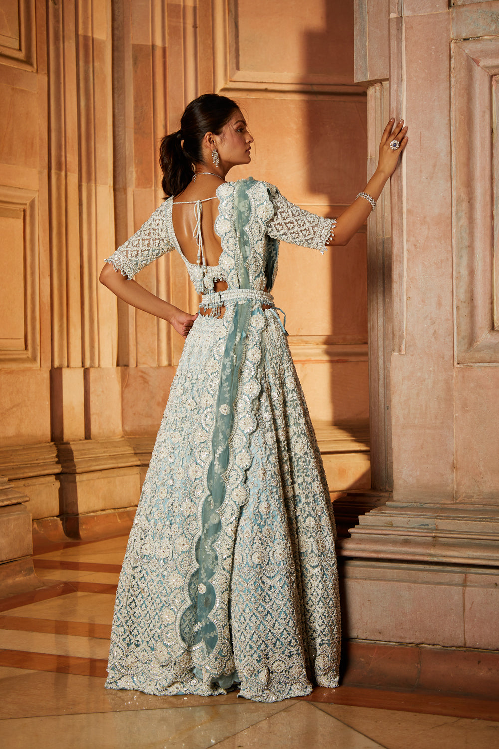 Aqua Ombre Tulle Lehenga with Crystal Embroidery & Dori Work