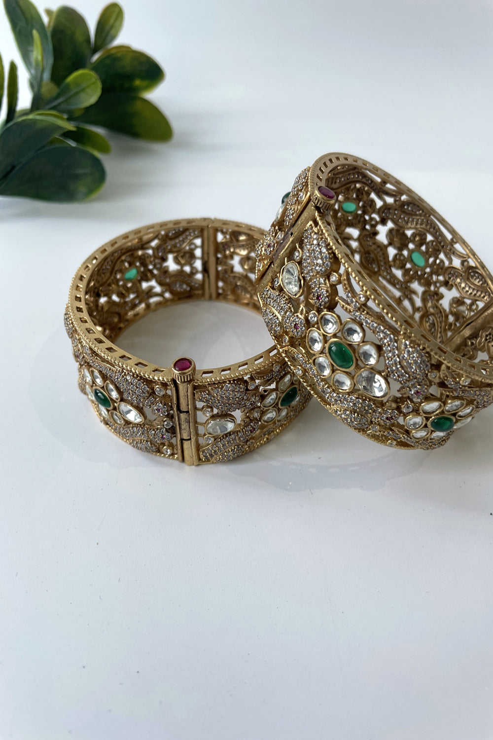 Gold Finish Zircon And Kundan Studded Broad Bangle - Auraya Fashion - Studio6 Jewels - #tag1# - #tag2# - #tag3# - #tag3#