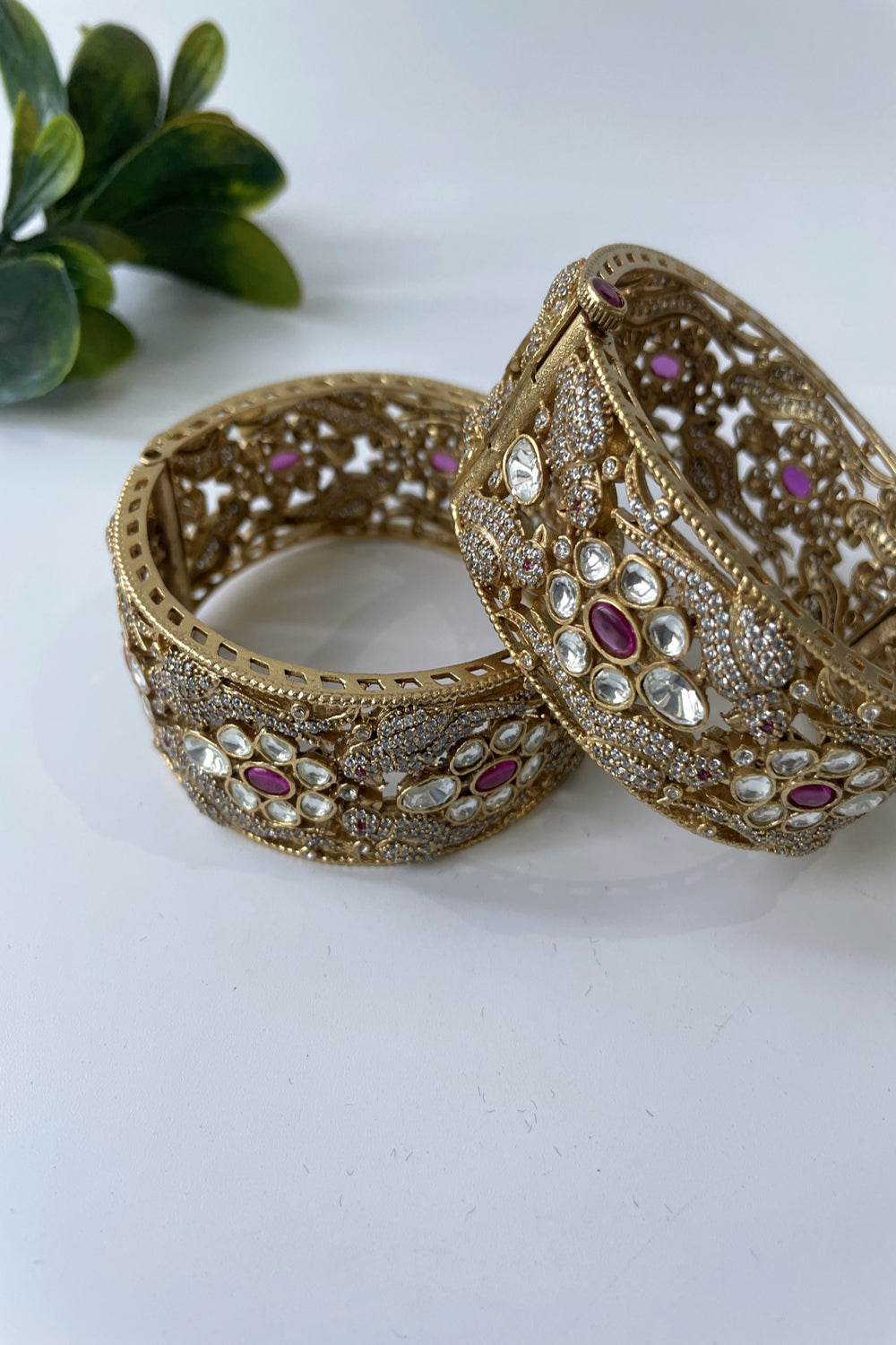 Gold Finish Zircon And Kundan Studded Broad Bangle - Auraya Fashion - Studio6 Jewels - #tag1# - #tag2# - #tag3# - #tag3#