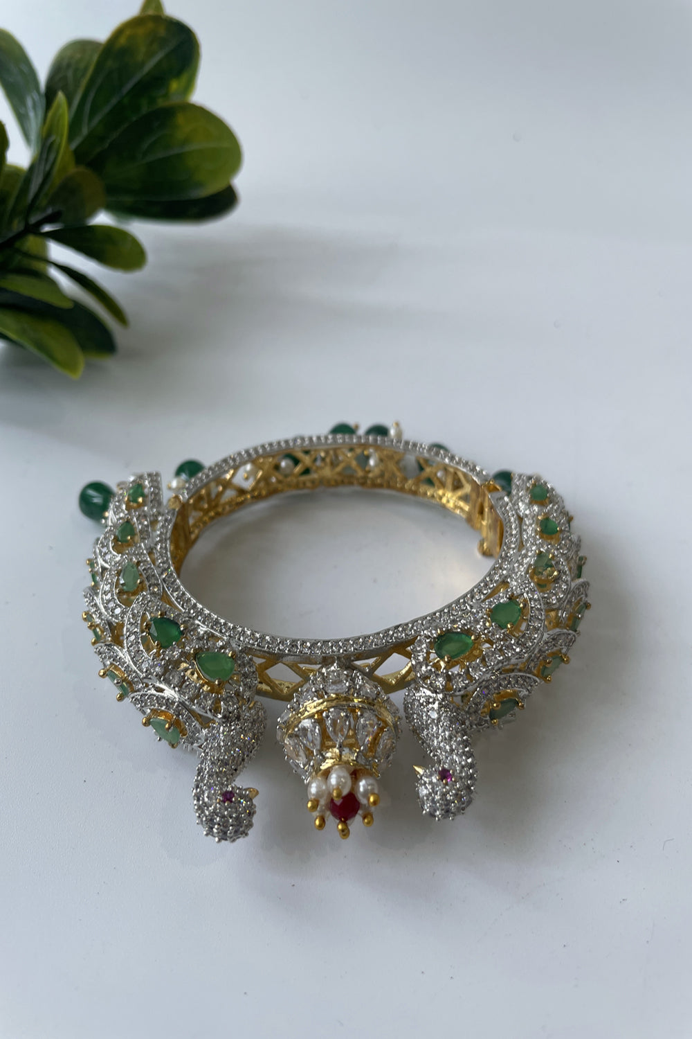 Peacock Motif Zircon Bangle With Green Stones - Auraya Fashion - Studio6 Jewels - #tag1# - #tag2# - #tag3# - #tag3#