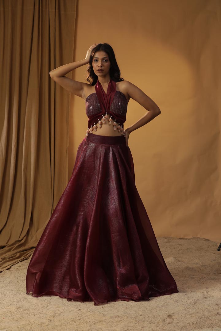 Image of MAROON ORGANZA LEHENGA SET