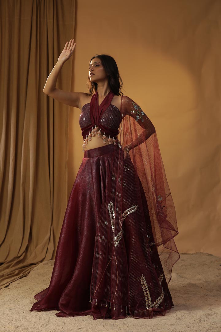 Image of MAROON ORGANZA LEHENGA SET