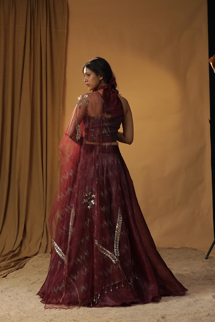 Image of MAROON ORGANZA LEHENGA SET