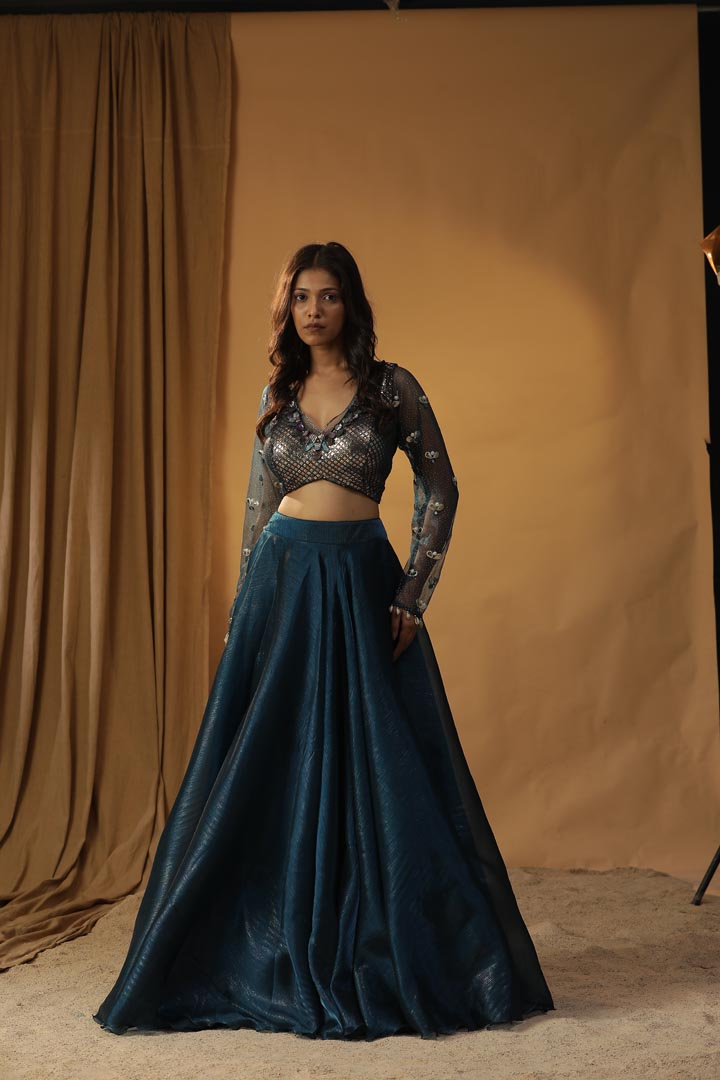 Image of NAVY BLUE ORGANZA LEHENGA SET