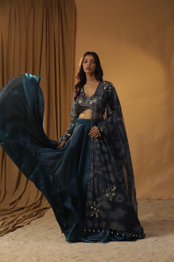 Image of NAVY BLUE ORGANZA LEHENGA SET