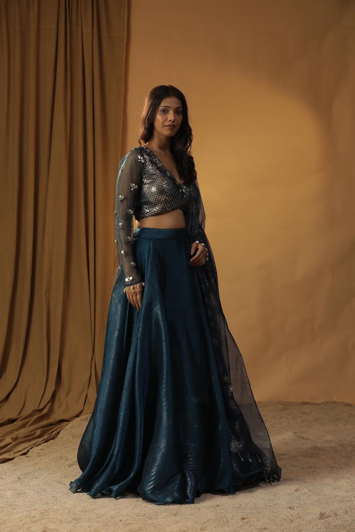 Image of NAVY BLUE ORGANZA LEHENGA SET