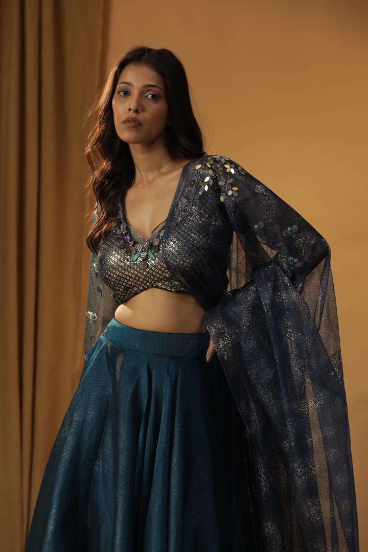 Image of NAVY BLUE ORGANZA LEHENGA SET