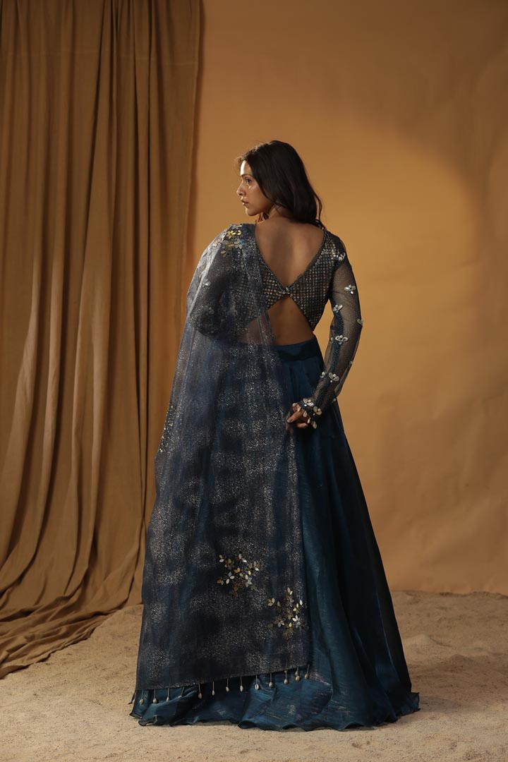 Image of NAVY BLUE ORGANZA LEHENGA SET