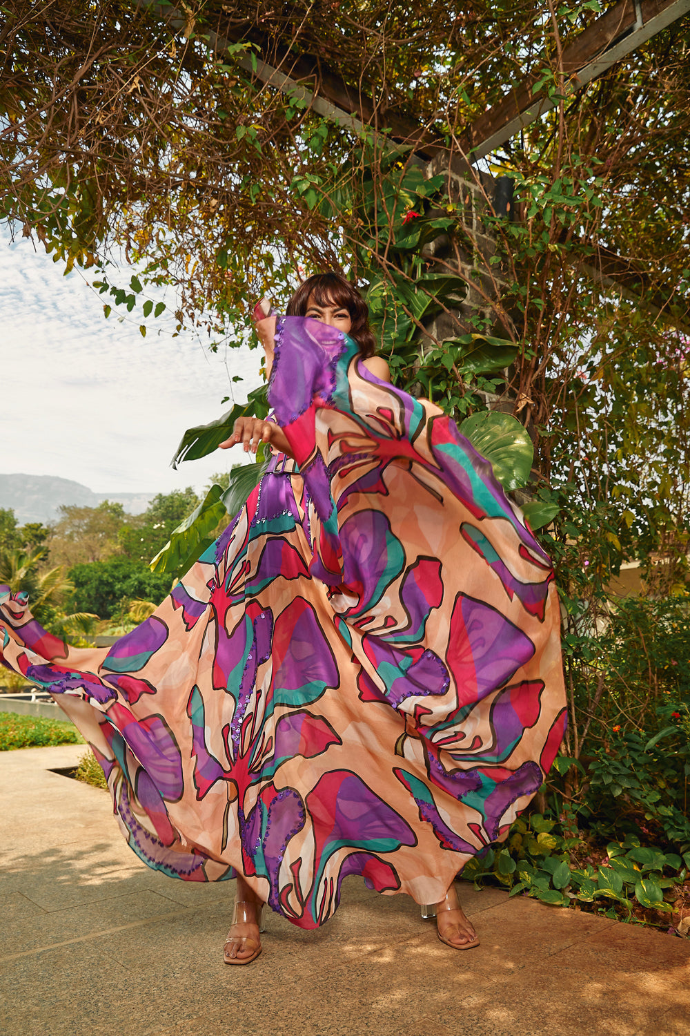 Floral printed cowl dress.