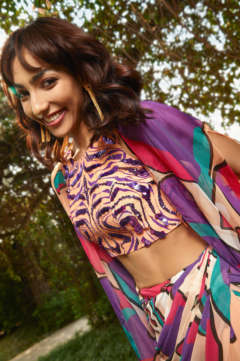 Floral printed draped skirt.