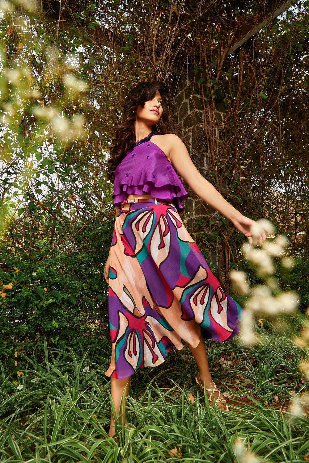 Printed flared skirt.